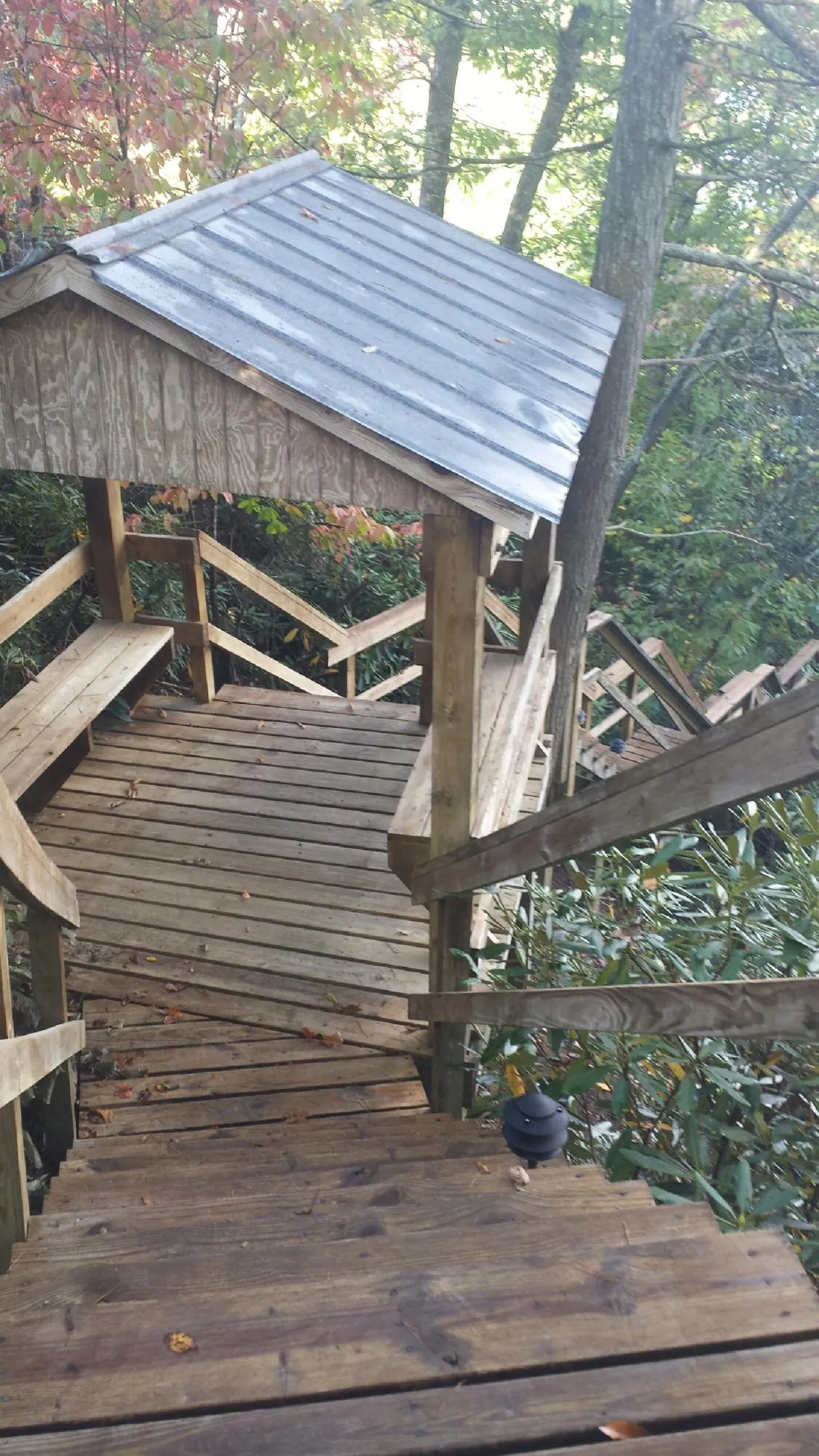 Metal roofed shelter over wooden steps on a wooded walkway — Skylight Repair & Installation work by our crew in Hartington